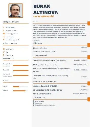 Çevre Mühendisi CV Örnekleri cv indir